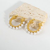 Pendientes de perlas con incrustaciones chapados en acero inoxidable circulares de estilo simple 1 par