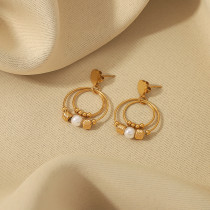 1 par de pendientes colgantes chapados en oro de 18 quilates, estilo IG, estilo vintage, estilo clásico, círculo, redondo, raya en espiral, chapado en acero inoxidable, perlas artificiales, perlas de imitación