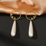 Elegantes pendientes redondos de acero inoxidable con incrustaciones de perlas artificiales y diamantes de imitación, 1 par