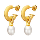 Pendientes colgantes de circonita con perlas artificiales chapados en acero de titanio geométrico de estilo vintage 1 par