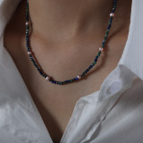 Elegante estilo barroco Color sólido Perla de agua dulce Acero titanio Lapislázuli Collar chapado en oro de 18 quilates a granel