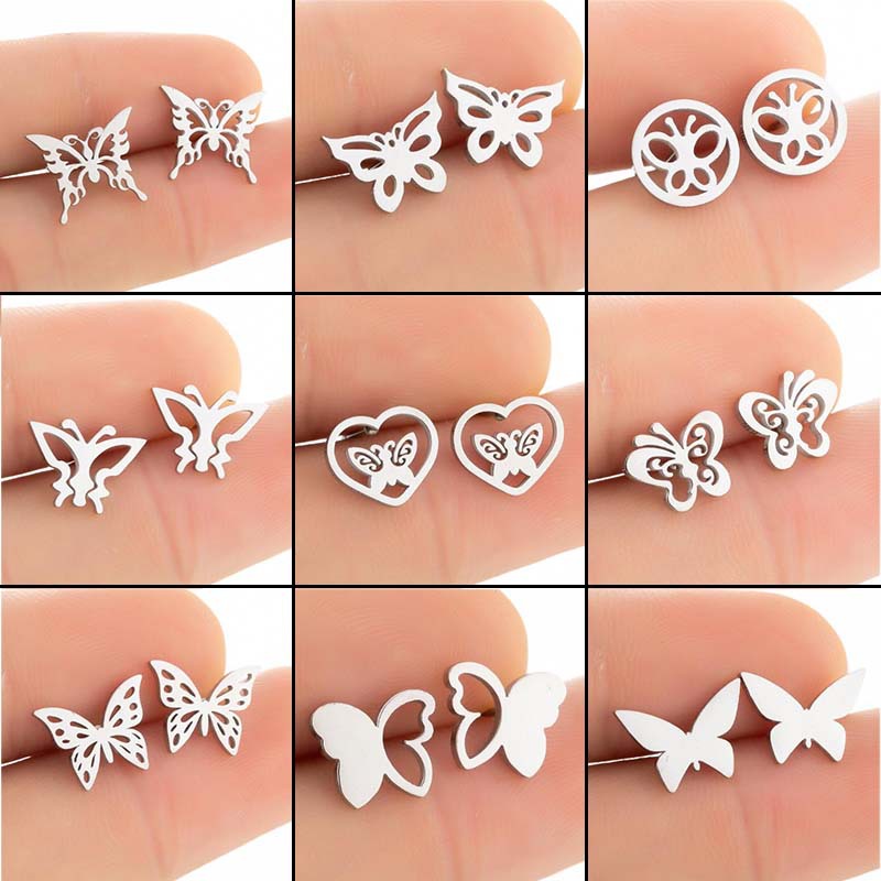 Pendientes de acero inoxidable con forma de mariposa de estilo sencillo para mujer, sin incrustaciones, pendientes de acero inoxidable chapados