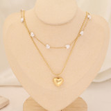Moda Collares en capas de acero inoxidable con forma de corazón Collares de acero inoxidable con perlas chapadas en oro 1 pieza