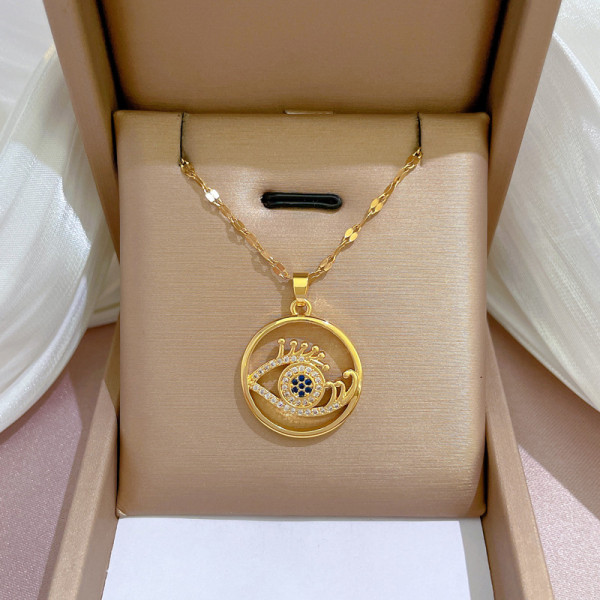 Collar con colgante de circón con incrustaciones huecas, chapado en cobre, acero titanio, ojo de estilo étnico