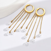 1 par de pendientes colgantes de perlas artificiales con incrustaciones de acero inoxidable con borlas a la moda