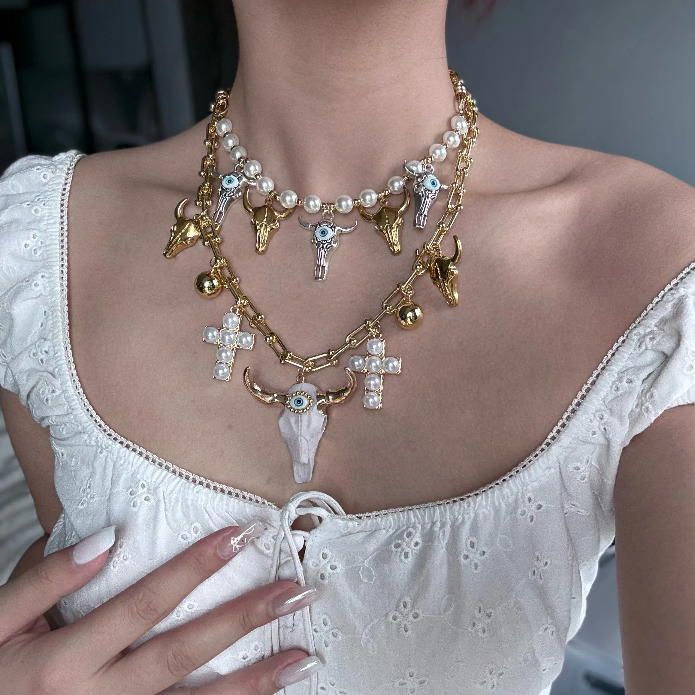 Fashionable Gold Plated Copper Necklace With Bull Head Cross Pearl Pendant Unisex Ethnic Style Lobster Clasp Party Jewelry