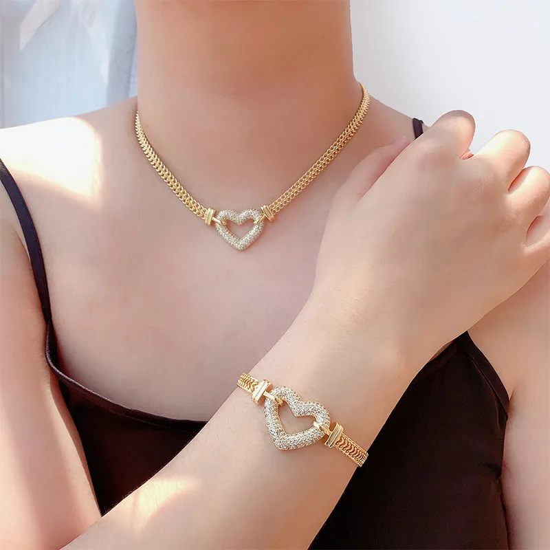 Brass 18K Gold Plated Heart Shape Zircon Bracelets Necklace