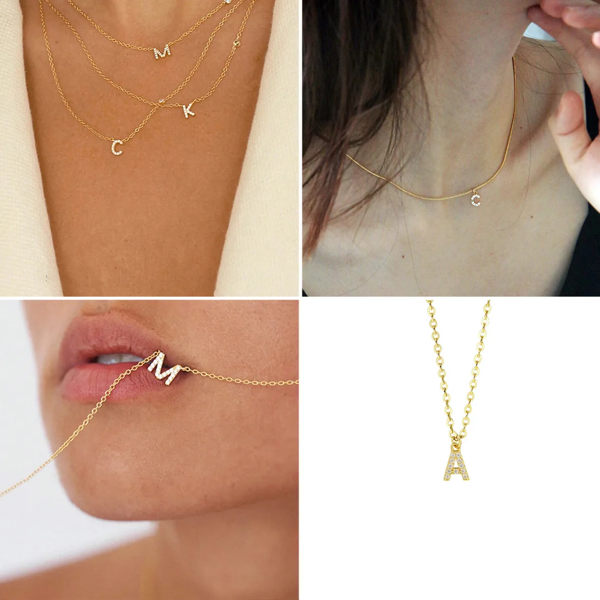 Brass Cable Chain Handmade Letter Zircon Pendant Necklace