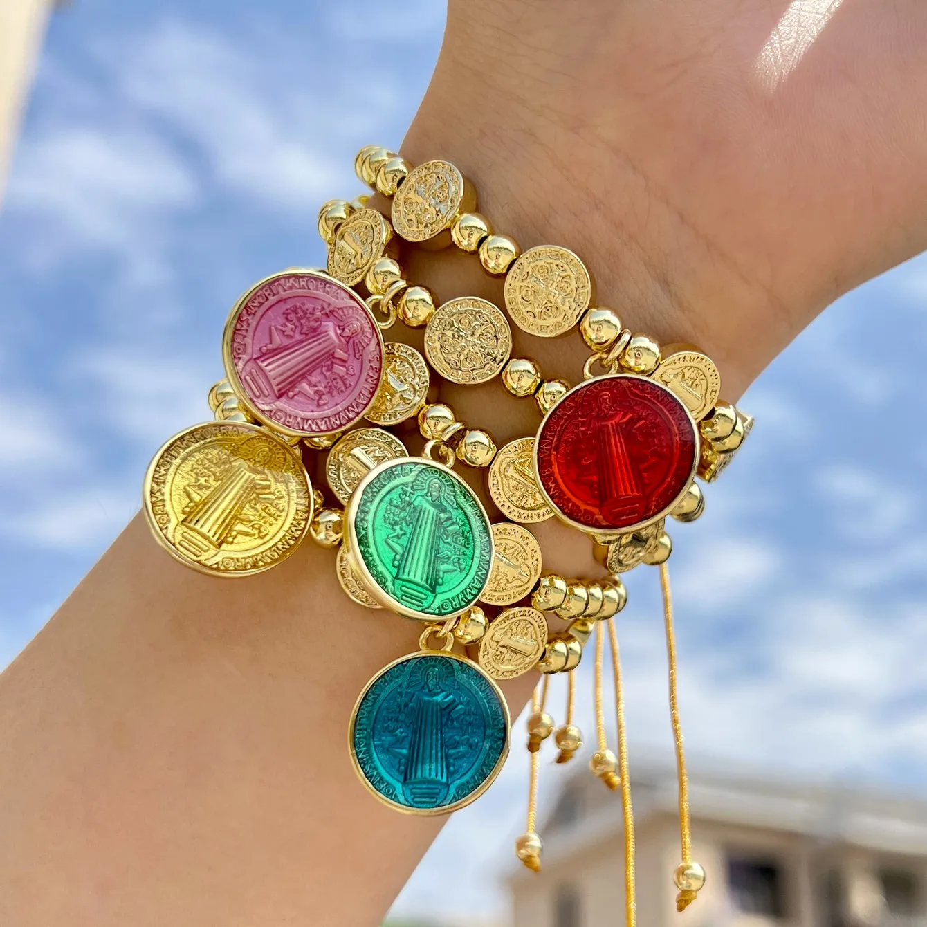 Casual Retro Simple Style Human Round Saint Benedict Mostacilla Resin Copper 18K Gold Plated Bracelets In Bulk Brass Bracelets