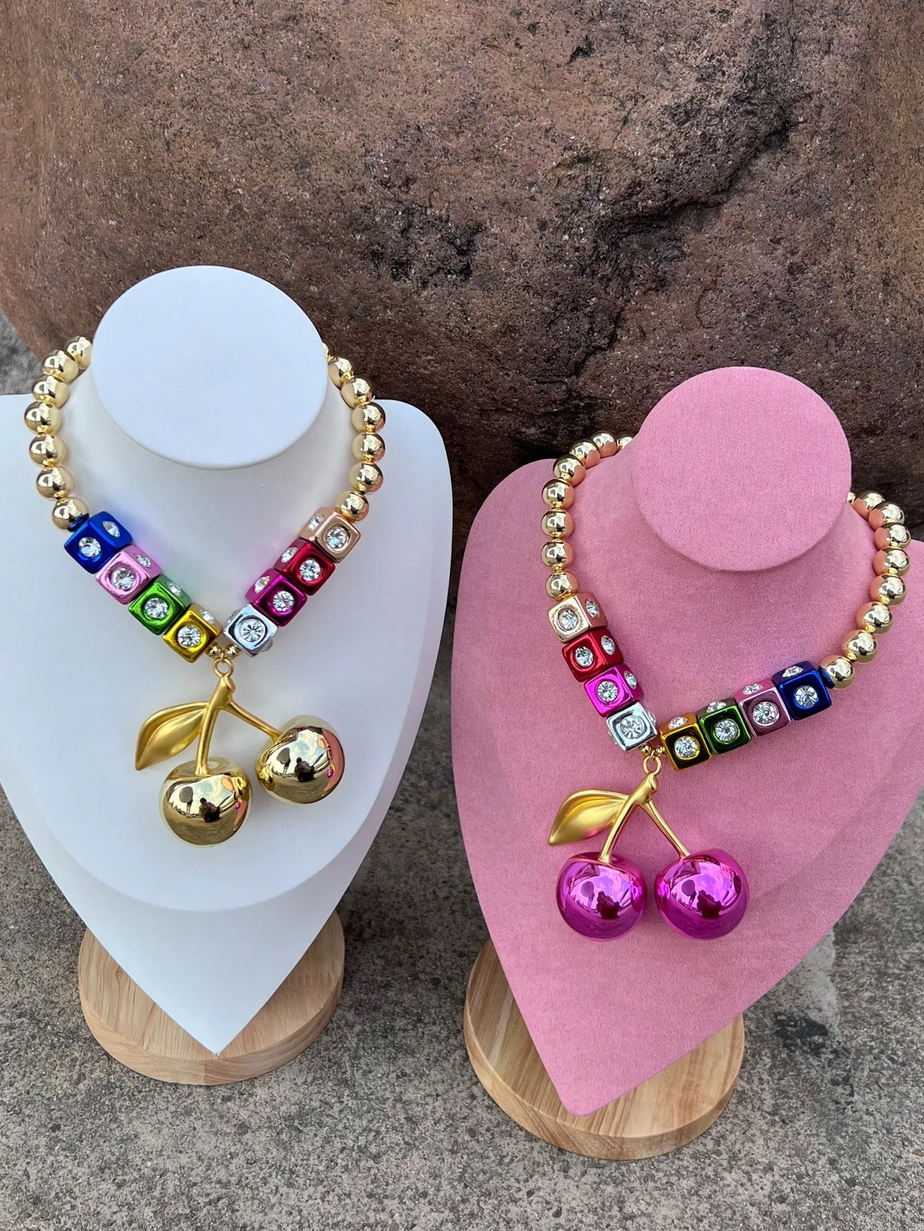 Women's Brass Beaded Chain 18K Gold Plated Beaded Cherry Pendant Necklace Brass Jewelry