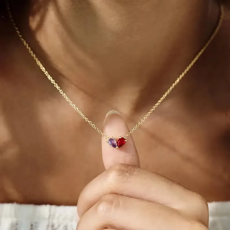 12 Birthstone Independent Necklace  Heart Pendant Month Birthstone Element Various Gemstone Inlaid Brass Pendant Women's Jewelry