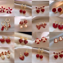Red Series Silver Needle Drop Oil Celebration Earrings Women's Style Artistic Retro Ear Jewelry Pure Silver Needle Craftsmanship