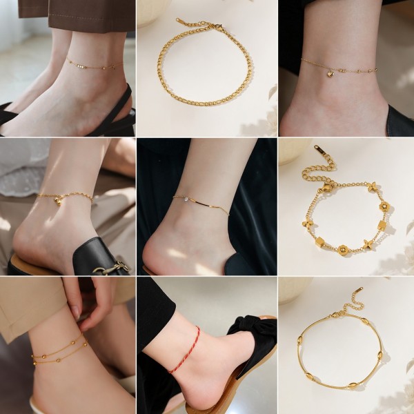 Tobillera de acero de titanio de oro de 18K para mujer, dise?o de nicho de lujo, no se decolora, joyería de pie de alta gama, novedad de 2026.