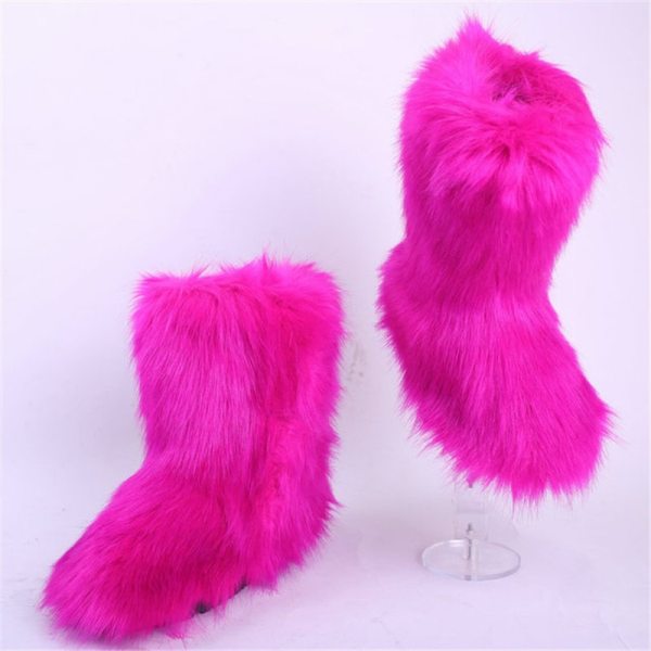 2020 Winter Women's Faux Fox Fur outdoor Boots Fluffy Stripe Furry High Snow Boots Woman Fur Home Female Warm Home Shoes 34-44