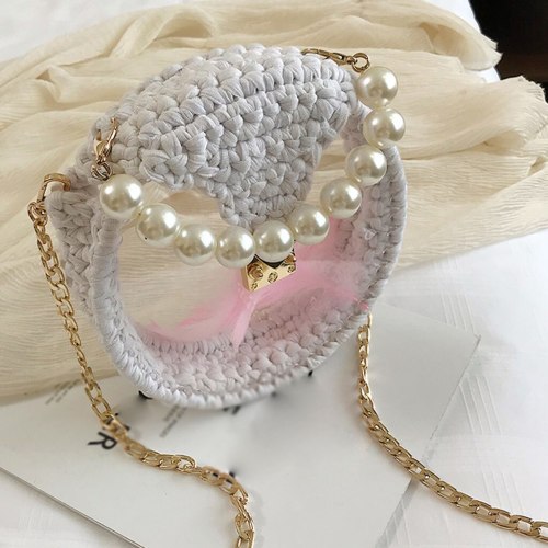 Women's Fashion Hand-Woven Bag DIY Woven Shoulder Bag Wild Ladies Messenger Wedding Circular Crossbody Pearl round Bag Purse