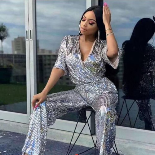summer jumpsuit 2020 chic sexy silver half-sleeve v-neck sequin jumpsuit shiny celebrity party nightclub women bodysuit wholesal