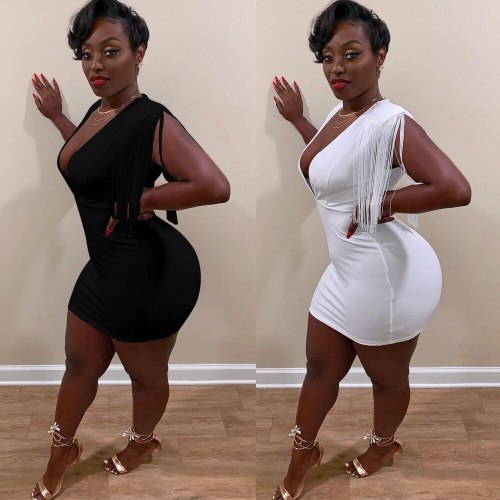 African clothing Solid Tassel Bodycon Mini Dress Women Sexy Deep V Neck Sleeveless Sheath Night Club Party Dresses Fashion Outfi