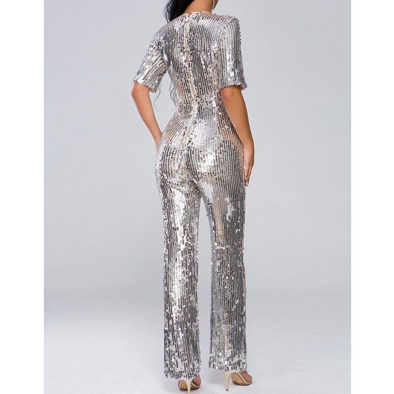 summer jumpsuit 2020 chic sexy silver half-sleeve v-neck sequin jumpsuit shiny celebrity party