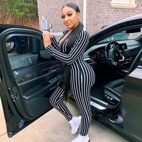 insSimenual Fitness Tight Striped Long Sleeve Jumpsuit Female Workout Sporty Active Wear V Neck Zipper Hot Rompers Womens Jumpsu