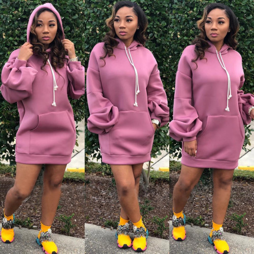 2020 nova mulheres lantern manga comprida com capuz hoodies longos camisolas moda acima do joelho mini vestido vestidos 3 cores