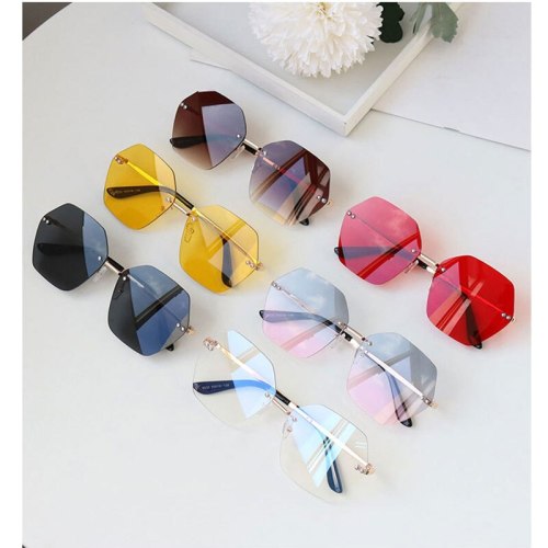 Clear Lens Polygon Rimless Sunglasses Women Vintage Luxury Men Shades Transparent Red Yellow Glasses Lentes De Sol Mujer UV400
