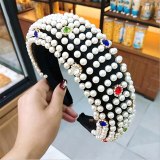 New High-end hair accessories women diamond sponge hairbands headband nailed with diamond pearl retro hair band turban headdress