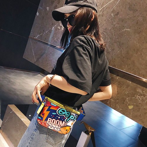 Women Chest Shoulder Bag Graffiti Printed Wide Shoulder Strap Messenger Bag RD Chest Handbag Shoulder Bag Purse