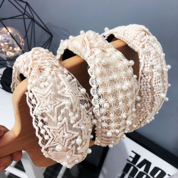 Fashion Girls Pearl Hairband White Black Lace Headband Women Artificial Pearls Hair Hoop Middle Knot Hair Accessories Wholesale