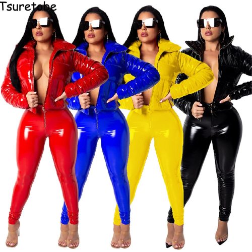 Tsuretobe Glossy PU Leather Puffer Jacket Women Fashion Bubble Coat Women Winter Jackets For Women Clothing 2020 Outwear Female
