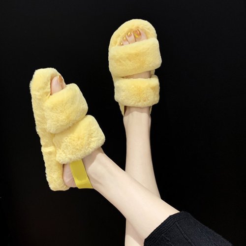 Winter Back Strap Women Home Slippers Rabbit Fur Warm Shoes Woman Slip On Flats Slides Cute Plush Fluffy Lady Cotton Slippers