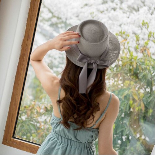 Summer Sun Hats Women Fashion Ladies Straw Hat Ribbon Bow Beach Hat Casual Straw Flat Top Panama Hat for Women