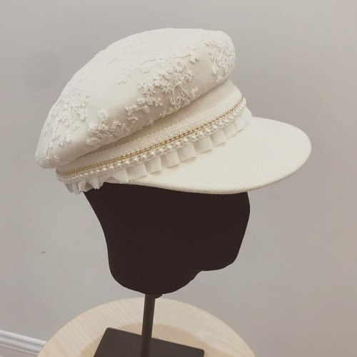 New Elegant Lace Pearl Trim White Wool Hat for Women Girl Autumn Winter Cap Adjustable Newsboy Cabbie Cap Warm Fit Military Cap