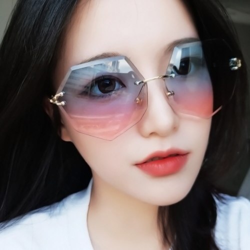 Luxury Rimless Sunglasses Women Brand Designer Summer Oversized Vintage Shades Sun Glasses Female Polygon Gradient Eyewear