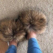 Women's Winter Plush Fox Slippers Open Toe Real Fox Hair Sandals Woman Fur Slides Fluffy Fury Shoes Female Fur Flip Flops Big 45