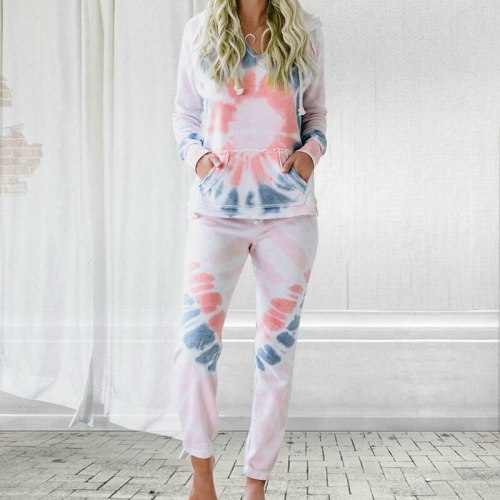 2020 Summer Tie Dye Printed Women Pajamas Long Sleeve Tops And Long Pants Hooded Set Nightwear Casual Sleepwear