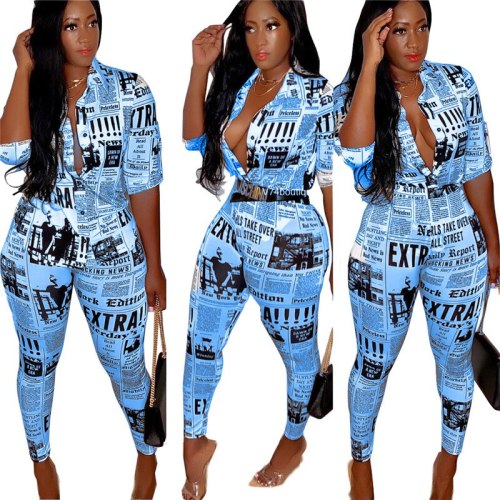 Women Jumpsuit Sexy Ladies Jumpsuits Party Long Pants 3/4 sleeves Jumpsuit Skinny Newspaper Print Outfits Wholesale Dropshpping