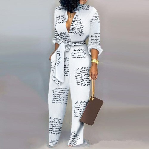 Wholesale Dropshipping Casual Batik Long Sleeve Full Length Romper V Neck Letter Print with Sashes Jumpsuits for Women