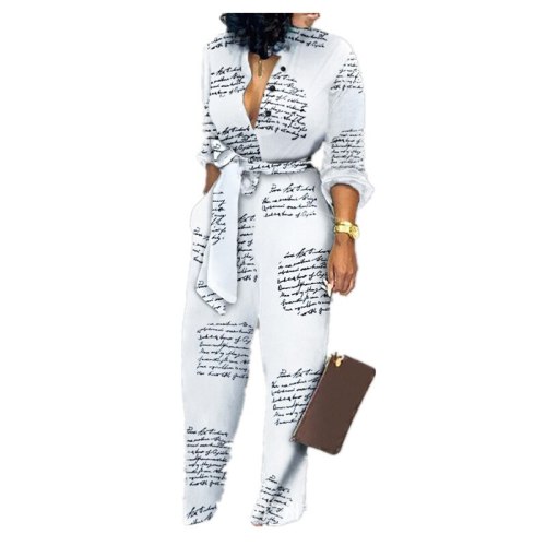 Wholesale Dropshipping Casual Batik Long Sleeve Full Length Romper V Neck Letter Print with Sashes Jumpsuits for Women