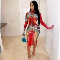 Women's Wrapped Bodycon Dress Fall Midi Dress High-Cut Round-Neck Long Sleeve Skinny Casual Dress Dot Printed Girl Pencil Dress