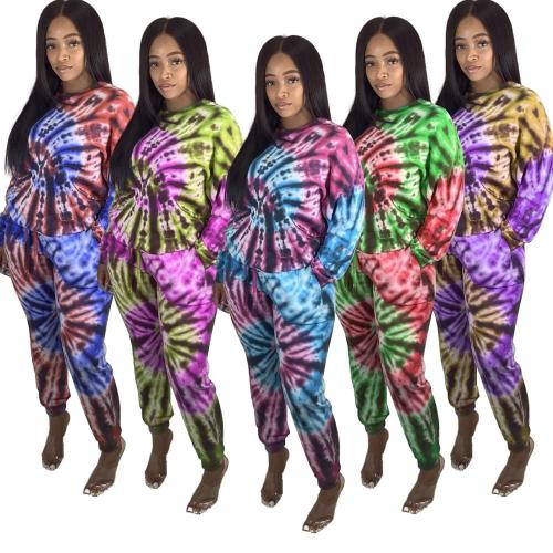 Women Tracksuit Two Pieces Set Long Sleeve O Neck Top Long Pants 2 Pieces Set Tie Dye Sports Suit Print Outdoor Wear