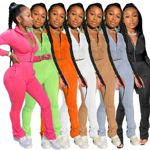 Casual Sportsuit Women  Two Pieces Set Front Zipper Short Coat+ Long Pants With Pocket has Stretch Autumn Clothes For Women