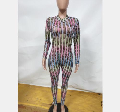 fahion striped jumpsuit long playsuit sheer mesh
