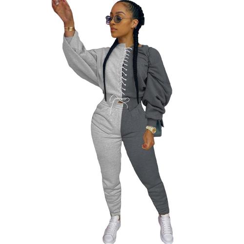 Casual Women Two Piece Set Color Patchwork Cross Bandage Sweater + long pants loose set streetwear outfit winter clothes