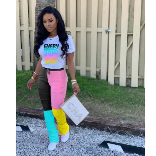 Women letter print tee tops patchwork stracked bell bottom jogger sweatpant suit two piece set sport matching set outfit