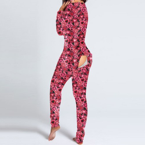 New Christmas Animal Print Jumpsuit Women Casual Long Sleeve Button-down Front Functional Buttoned Flap Adults Playsuit Pajamas