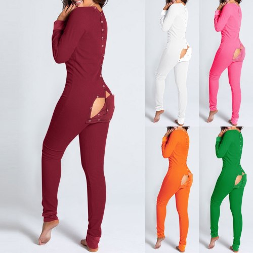 Sexy Jumpsuit Women Button-down Cutout Functional Buttoned Flap Adults Pajamas Club Button Design Plunge Lounge Jumpsuit pijama