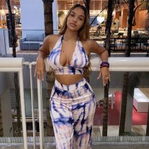 Tie Dyeing Print Halter 2 Piece Women's Set V-neck Backless Bra Crop Tops High Waist Pants Fitness 2021 New Tracksuit
