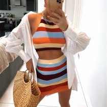 2Pcs Women's Clothing Set Knitted Sleeveless Halter Camisole Top and Skirt Two-piece Suit for Party Vacation Dating