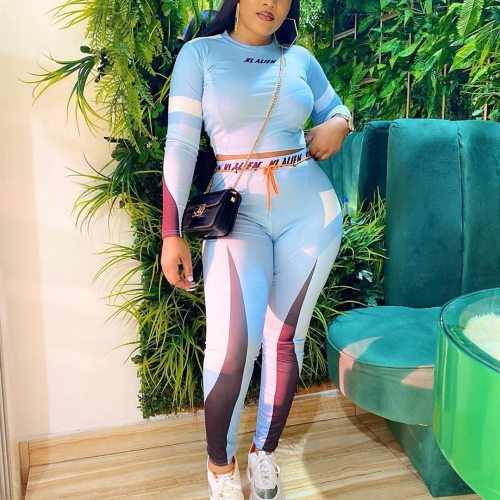2021 Two Pieces Set Fashion Sports Slim Long-Sleeved T-Shirt Trousers Suit Leisure Long Street Jogging Sports Suit Women