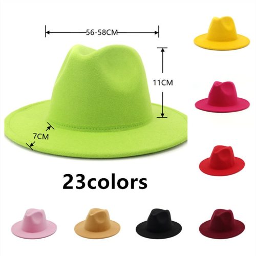 Unisex Solid Color Single Side Wool Felt Jazz Fedora Hats Elegant Men Women Wide Brim Panama Trilby Cap wholesale